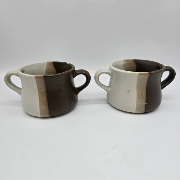 Vintage McCoy Striped Sandstone Double Handled Soup Mugs Set of 2 Multicolor USA - Picture 2 of 9